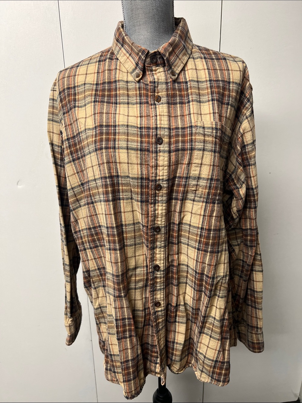 L.L. Bean Men's Plaid Button-Down Shirt in Cream and Brown